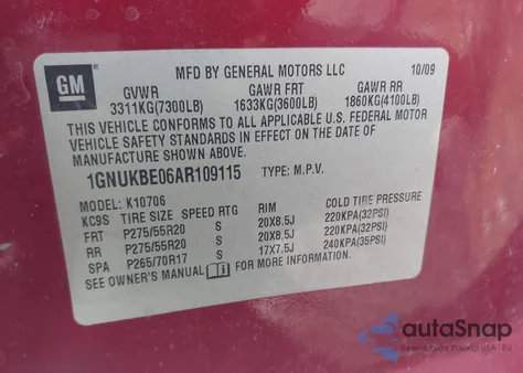 2010 Chevrolet Tahoe Lt z USA, uszkodzony, nr VIN 1GNUKBE06AR109115